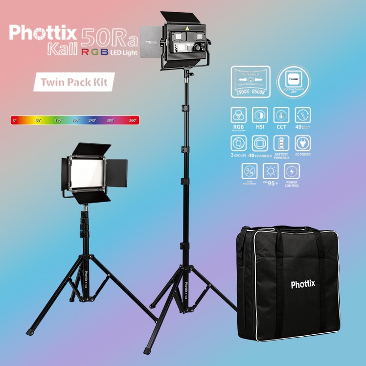 【Phottix】フルカラーLEDライト2灯、ライトスタンド、キャリングケースなどが付属した「Phottix Kali50Ra RGB LED Light Twin Kit Set」
