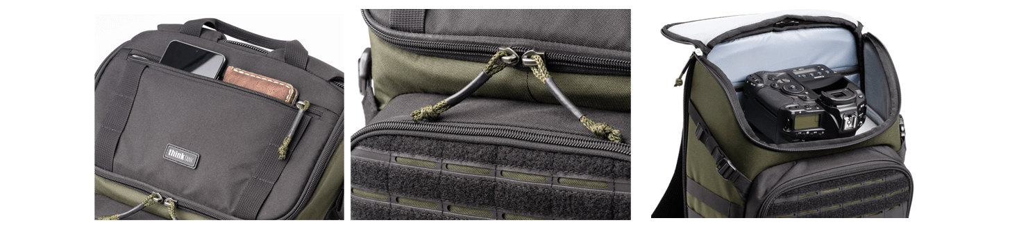 バッグ上部のジッパー付き上蓋を開け、収納されたカメラへ素早くアクセスしている様子