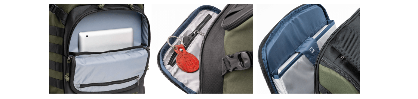 ダークライト 25Lのフロントパネル。レーザーカットされたモールパネルにサードパーティ製のモジュラーポーチを装着して容量を拡張している様子