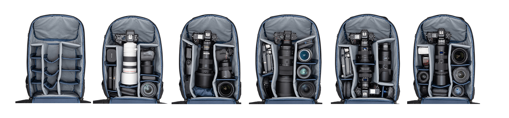 ダークライト 25Lの内部収納例。一眼レフカメラ2台、交換レンズ、アクセサリー類が整理して収納されたレイアウト図