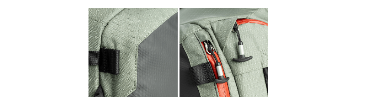 フォトクロス V2の外観。耐久性に優れたコーデュラナイロンとリップストップナイロンを採用した堅牢なフロントパネルの質感