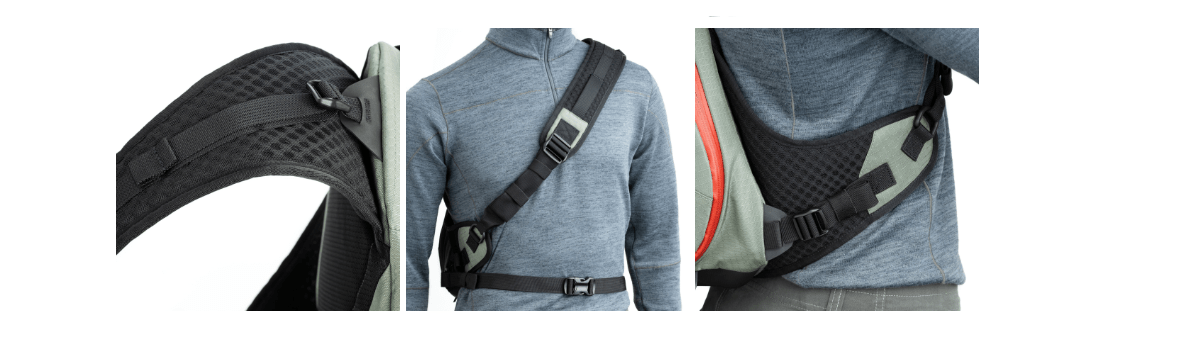 新しくなったハーネスシステム。高密度EVAフォームを採用した厚みのあるショルダーストラップと、体にフィットする背面パッドの構造