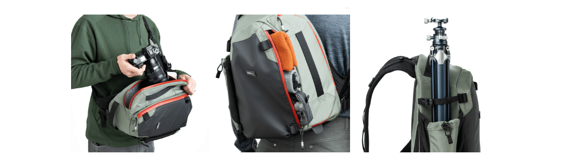 サイドパネルのジッパーを開け、メインコンパートメントからカメラをスムーズに取り出しているスウィングアクセスの使用イメージ