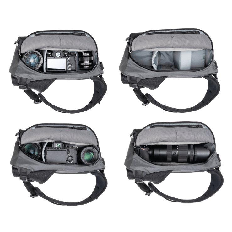 フォトクロス V2 11Lモデルの収納例。標準ズームレンズを装着したカメラ1台と交換レンズ2本が収まった内部レイアウト