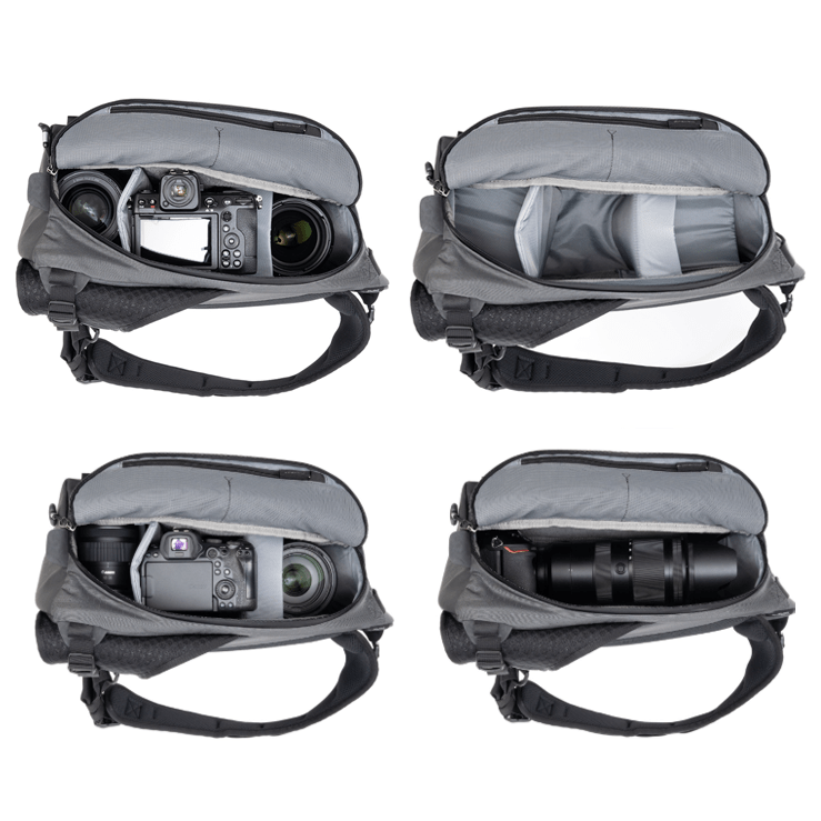 フォトクロス V2 14Lモデルの収納例。大口径ズームレンズを装着したカメラ1台と70-200mmクラスの望遠レンズを含む交換レンズが収まった様子