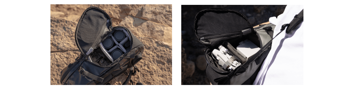 STRATUS PHOTO 18Lの内部収納例。ミラーレスカメラと複数のレンズがXディバイダーで整理されている。