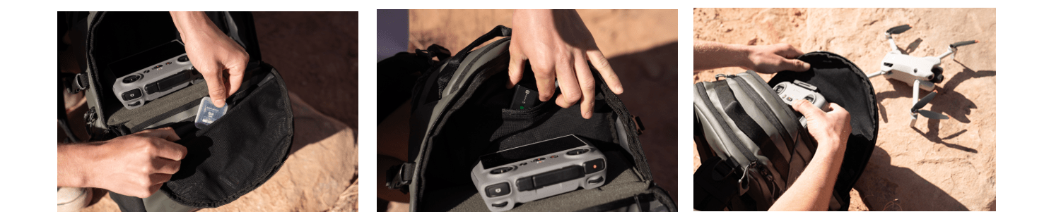 STRATUS PHOTO 18Lの内部ポケット詳細。上蓋裏のメッシュポケットとAirTag用ポケットが見える。