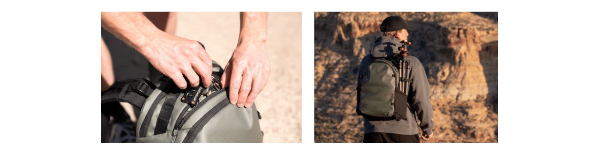 STRATUS PHOTO 18Lの側面と底面の画像。三脚を固定するストラップと、アクセサリーストラップスによる拡張例が示されている。