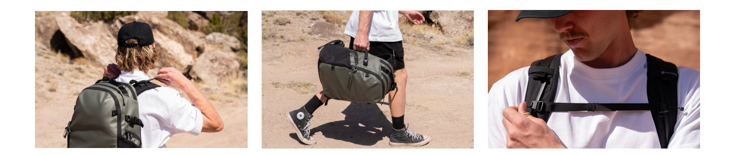 STRATUS PHOTO 18Lの背面画像。通気性の良いバックパネル、パッド入りのショルダーストラップ、チェストストラップ、ローリングケース用パススルーが確認できる。